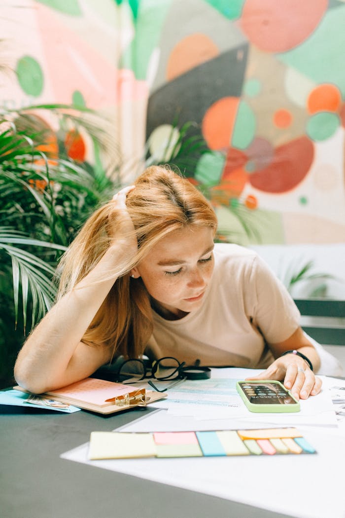 A young woman appears focused as she looks at her smartphone in a creative workspace.